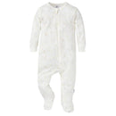 Textured white baby sleep suit with a 2-way zip and a floral pony pattern, designed for comfort and ease of dressing.