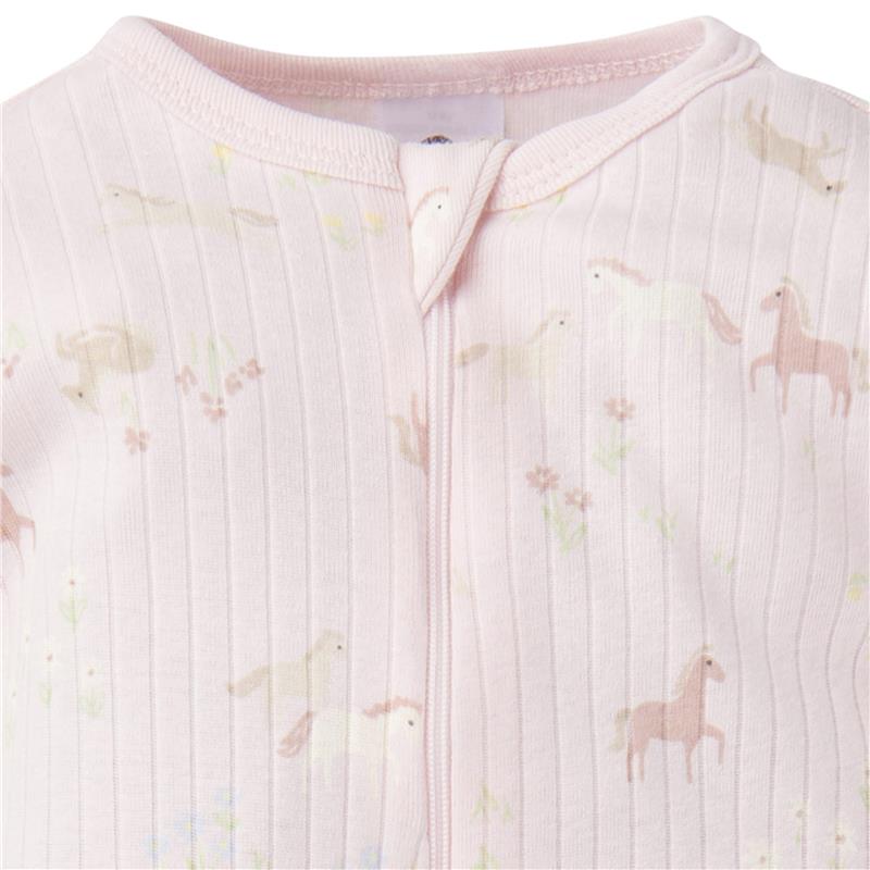 Textured pink baby onesie featuring a 2-way zipper and a whimsical ponies and flowers pattern.