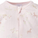 Textured pink baby onesie featuring a 2-way zipper and a whimsical ponies and flowers pattern.