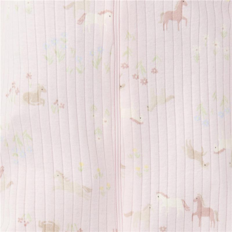 Textured pink sleeper featuring a pony pattern, designed for baby comfort with a two-way zip.