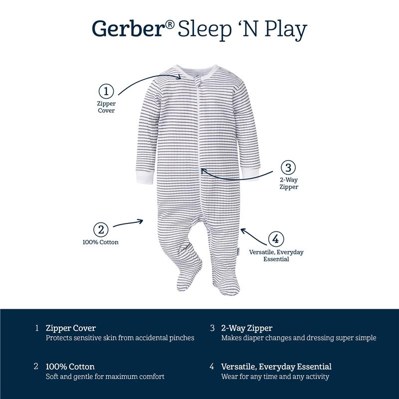 Textured two-way zip sleeper for babies, featuring a zipper cover, made of 100% cotton, with a striped design.