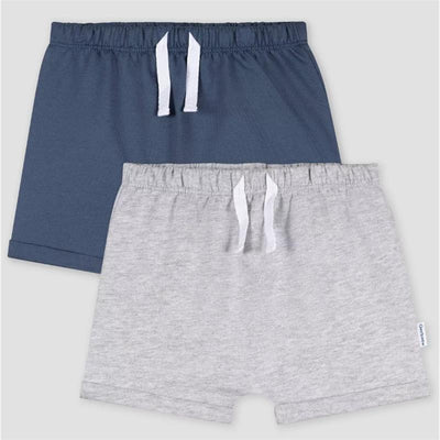 Two pairs of baby shorts in grey and blue, featuring elastic waistbands with white drawstrings, suitable for boys aged 3-6 months.