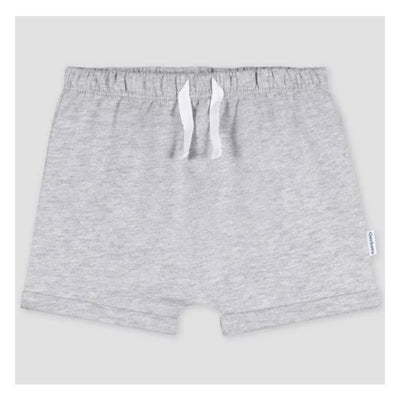 Grey and blue baby boy shorts with a drawstring waistband, designed for ages 3 to 6 months.