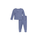 Two-piece outfit for baby boys, featuring a long-sleeve blue wrap top and matching pants with ribbed texture.