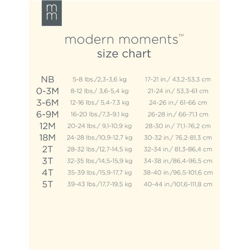 Size chart for Modern Moments baby clothing, listing weights and height ranges for various age categories from newborn to 5T.