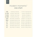 Size chart for Modern Moments baby clothing, listing weights and height ranges for various age categories from newborn to 5T.