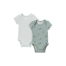 Two short-sleeve bodysuits for baby boys, one in teal with snail prints and one in light green ribbed fabric.