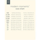 Size chart for Modern Moments clothing, detailing weight and height ranges for various baby sizes from NB to 5T.