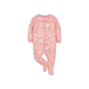 Pink baby sleep suit featuring a floral pattern, designed for girls, with front snap closure and footed bottom.