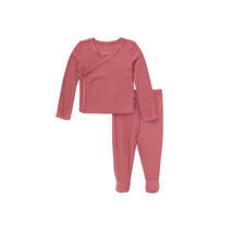 Dark rose ribbed outfit set for baby girls, including a wrap top and matching pants, suitable for ages 0-3 months.