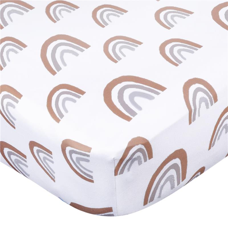 Knit crib sheet featuring a boho rainbow pattern in earthy tones on a white background. Suitable for babies.