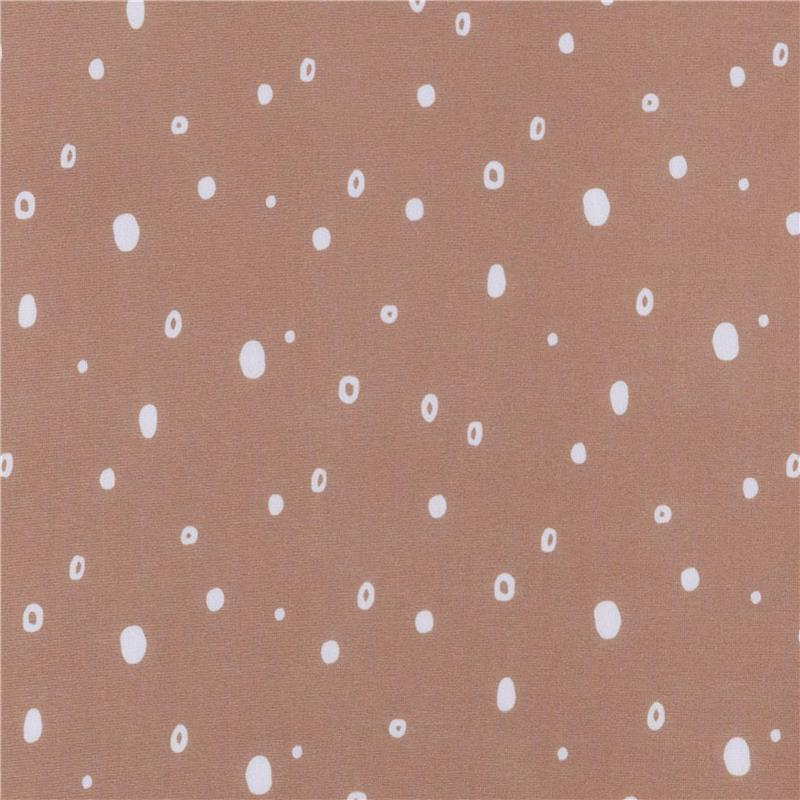 Baby unisex knit crib sheet featuring a boho rainbow design with a brown background and scattered white dots.