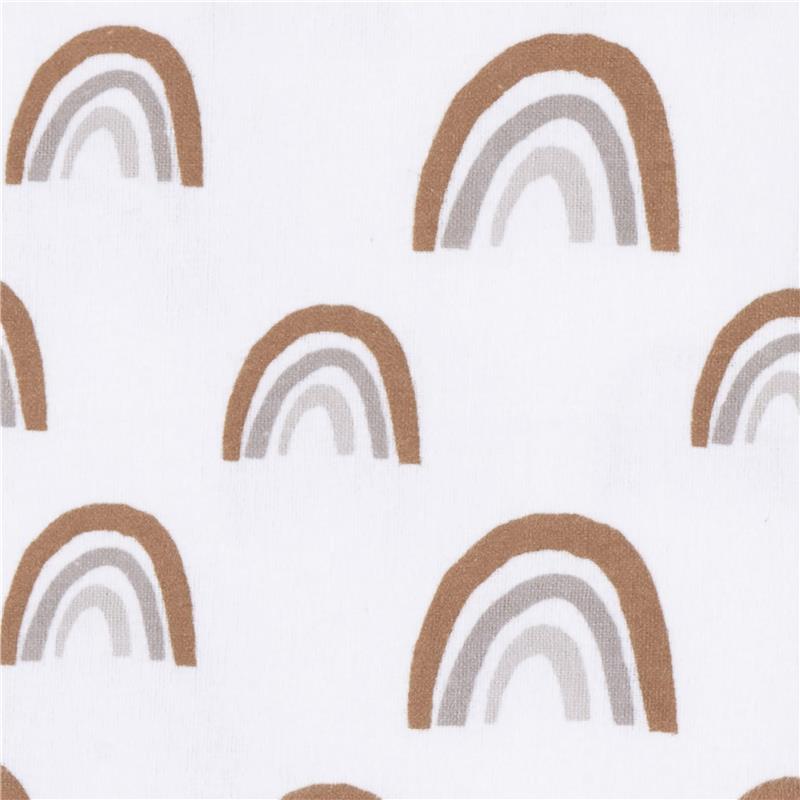 Knit crib sheet featuring a Boho rainbow pattern in earthy tones on a white background, suitable for babies.