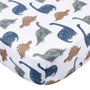 Knit crib sheet featuring colorful dinosaur patterns in blue, green, and brown on a white background.