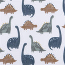 Cotton crib sheet with a Dino Time pattern, featuring colorful cartoon dinosaurs on a white background.
