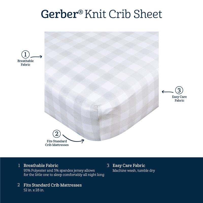 Gerber 2Pk Baby Knit Crib Sheet in Dino Time, featuring breathable fabric, easy care instructions, and size for standard mattresses.