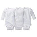 Gerber 3-Pack of white long sleeve onesies featuring snap closures at the bottom for easy dressing.
