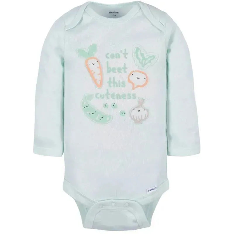 Long sleeve mint green onesie featuring playful vegetable graphics and the text “can’t beet this cuteness.”