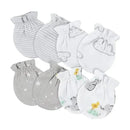 Four pairs of soft baby mittens in neutral colors, featuring animal designs and patterns, suitable for infants 0-3 months.