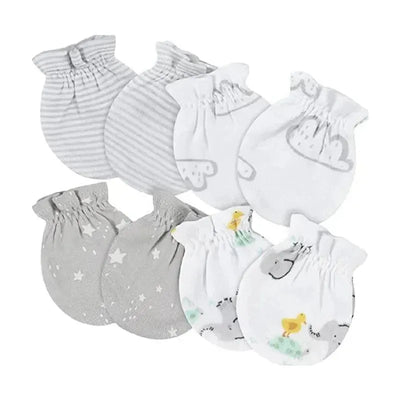 Four pairs of soft baby mittens in neutral colors, featuring animal designs and patterns, suitable for infants 0-3 months.