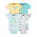 Four short sleeve baby girl onesies in pastel colors featuring floral prints and playful phrases.