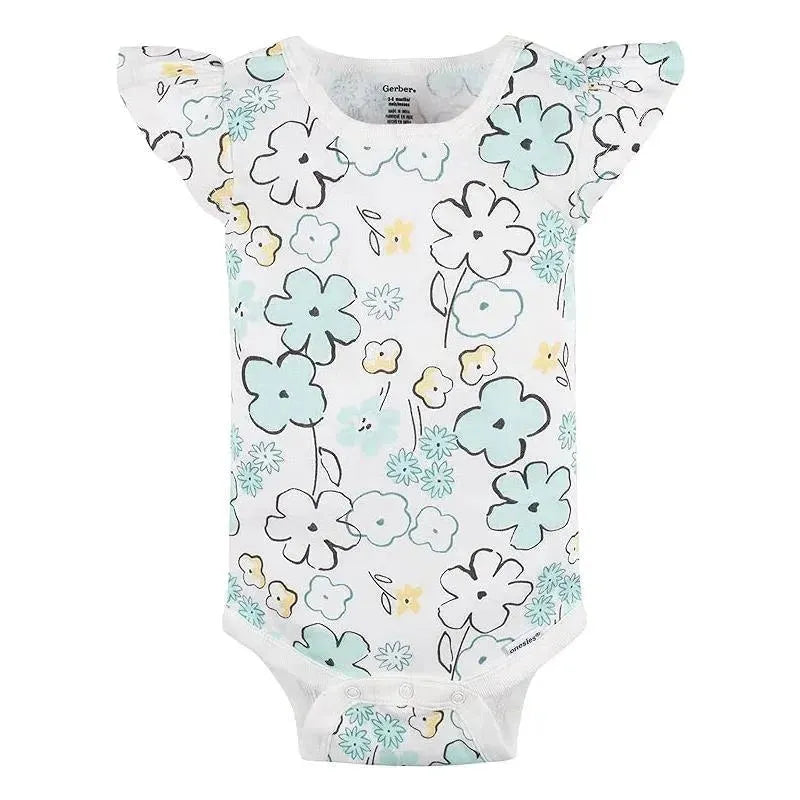 Short sleeve baby onesie featuring a floral pattern in blue, yellow, and green on a white background.