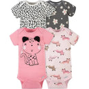 Four short sleeve baby onesies for girls featuring animal prints, flowers, and a playful leopard design in pink.
