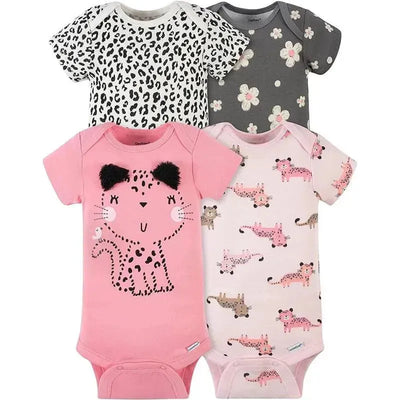 Four short sleeve baby onesies for girls featuring animal prints, flowers, and a playful leopard design in pink.