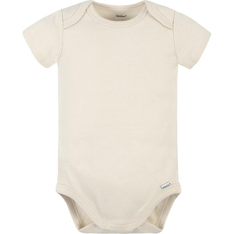 Short-sleeved beige Gerber Onesie with snap closures at the bottom, part of a 5-pack bundle for infants.