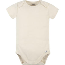 Beige short-sleeve onesie from Gerber, featuring snap closures at the bottom and a soft interlock fabric.