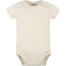 Short-sleeved beige Gerber Onesie with snap closures at the bottom, part of a 5-pack bundle for infants.