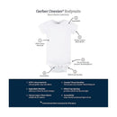 Short sleeve white Gerber Onesies® bodysuit with features labeled: 100% cotton, expandable neckline, ribbed leg opening, and accessibility snaps.