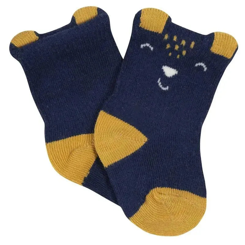 Crew socks for baby boys featuring a smiling fox design with navy and mustard colors in soft fabric.