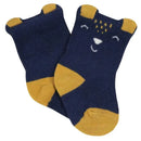 Crew socks for baby boys featuring a smiling fox design with navy and mustard colors in soft fabric.