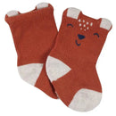 Fox-themed crew socks for baby boys, featuring an orange color, white tips, and a playful fox face design.