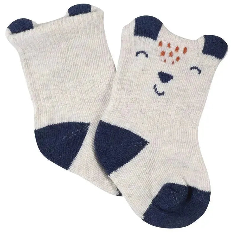 Crew socks for baby boys featuring a playful fox design with navy blue accents and a smiling face.