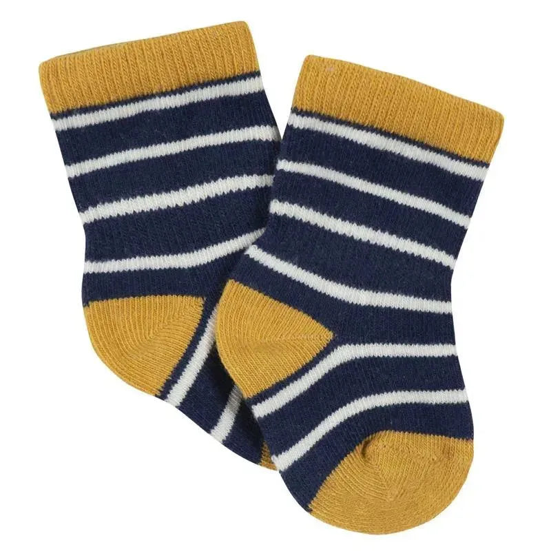 Navy blue and yellow striped crew socks for baby boys, featuring a soft knit design with a wiggle proof style.