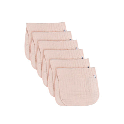 Set of six large pink muslin burp cloths, each measuring 20 x 10 inches, designed for babies.