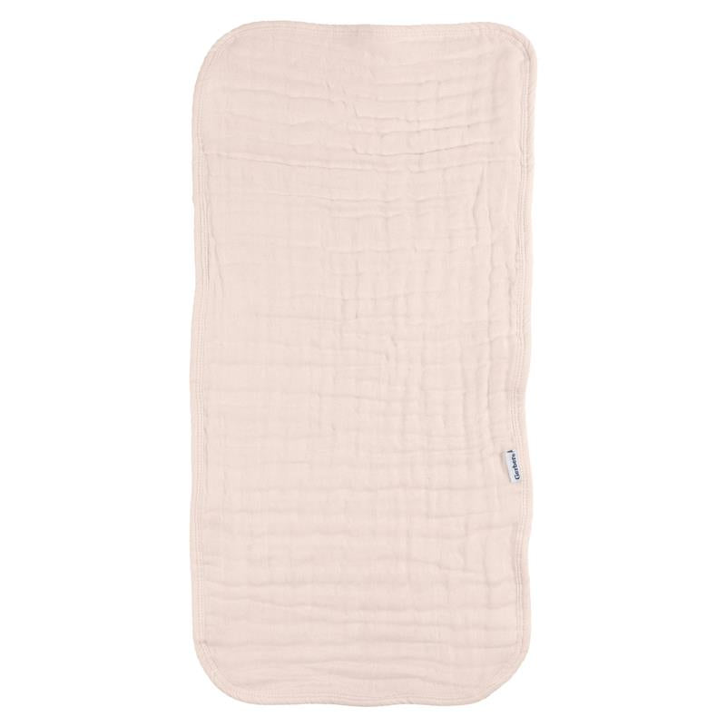 Large pink muslin burp cloth from Gerber, measuring 20 x 10 inches, designed for absorbing spills during feeding.
