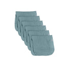 Large teal muslin burp cloths, 20 x 10 inches, in a pack of six, designed for baby boys and girls.