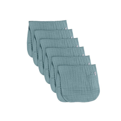 Large teal muslin burp cloths, 20 x 10 inches, in a pack of six, designed for baby boys and girls.