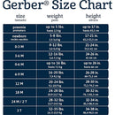 Gerber® size chart listing sizes for baby clothing, including weight and height ranges in English and Spanish.
