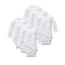 Six white long-sleeve onesies with mitten cuffs, featuring front snaps and a round neckline, suitable for infants.