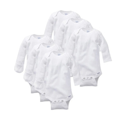 Six white long-sleeve onesies with mitten cuffs, featuring front snaps and a round neckline, suitable for infants.