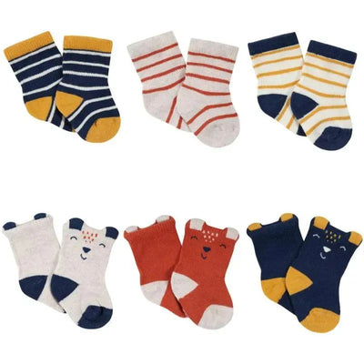Set of six pairs of baby socks in various colors and patterns, featuring fox designs and stripes.