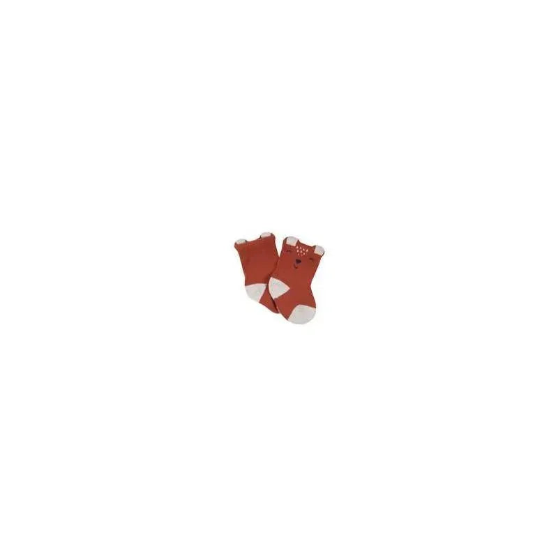 Wiggle-proof baby crew socks featuring a fox design in rust color with white accents, ideal for boys.
