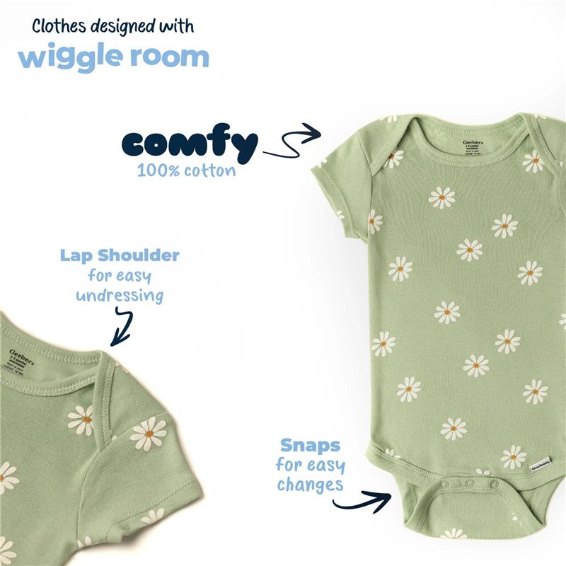 Green onesie bodysuit with white floral pattern, features lap shoulders for easy undressing and snaps for quick changes.