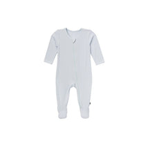 Light blue long-sleeve sleeper with a front zipper and footed design, suitable for baby boys.
