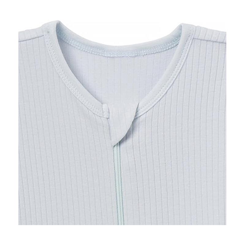 Light blue ribbed sleep and play outfit for baby boys, featuring a front zipper and a rounded neckline.