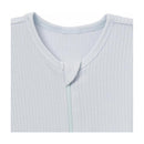 Light blue ribbed sleep and play outfit for baby boys, featuring a front zipper and a rounded neckline.